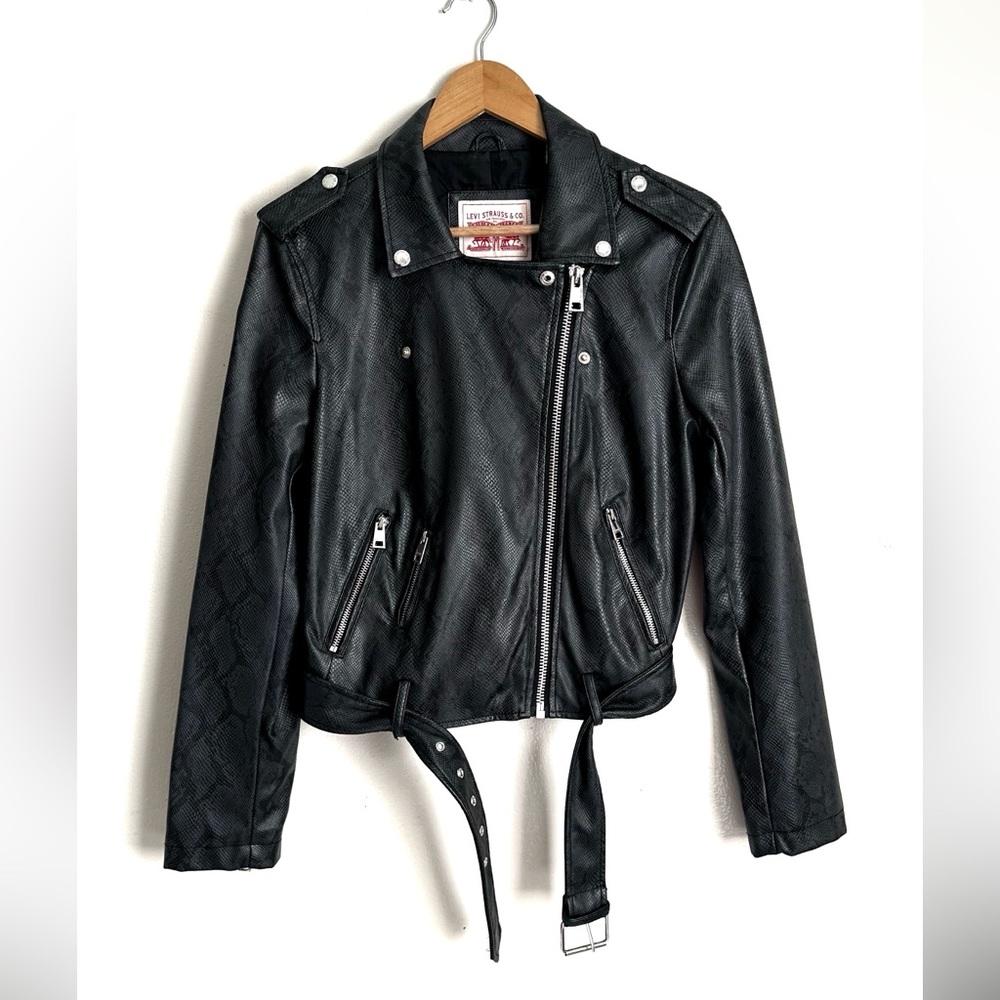 Levi’s Snake Print Moto Belted Asymmetrical Faux Leather Jacket